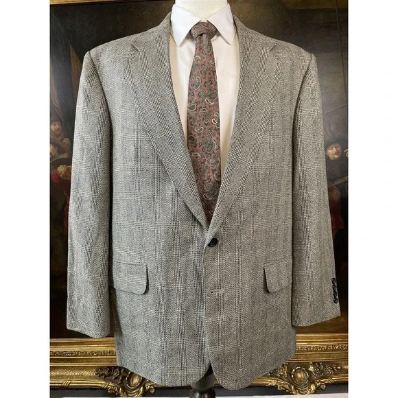 VTG Oscar De La Renta 44R Silk & Wool Tweed Black White Check 2Btn Blazer Jacket